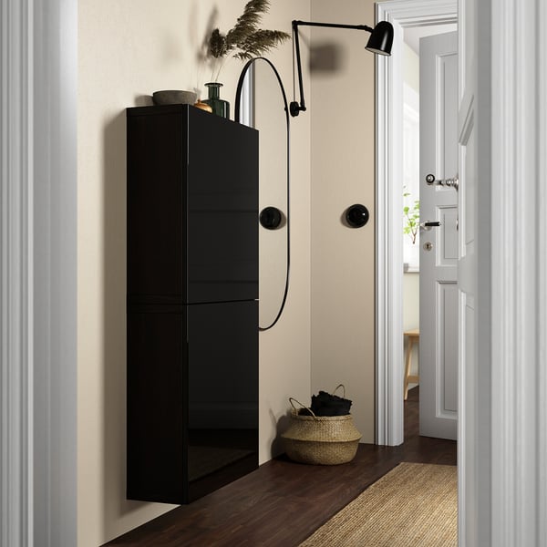BESTÅ - BESTÅ Wall cabinet with 2 doors, black-brown/Selsviken high-gloss/black, 60x22x128 cm