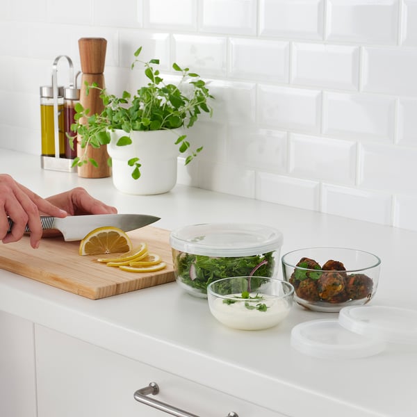 BESTÄMMA food container with lid, set of 3, glass, 3 pack