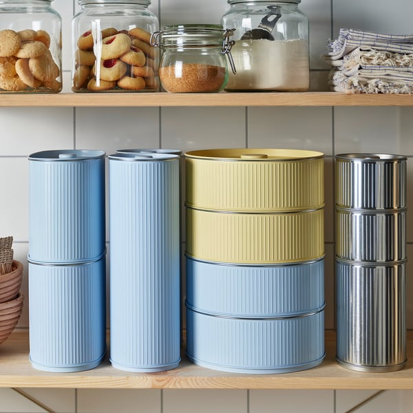 BETTHAJ tin with lid, for cookies/pale yellow pale blue, 2.5 l, 2 pack