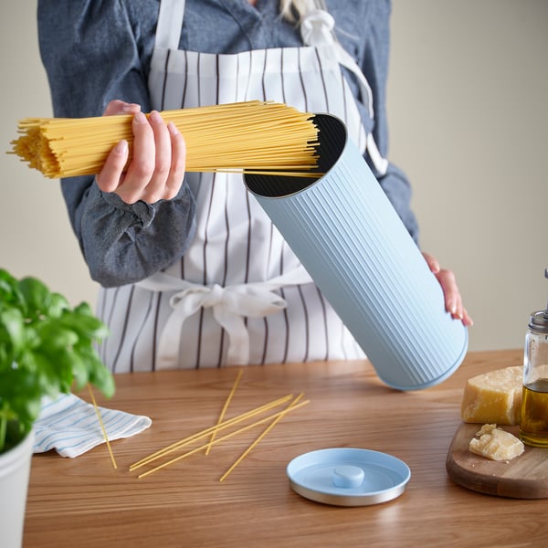 BETTHAJ tin with lid, for spaghetti/pale blue, 2.6 l