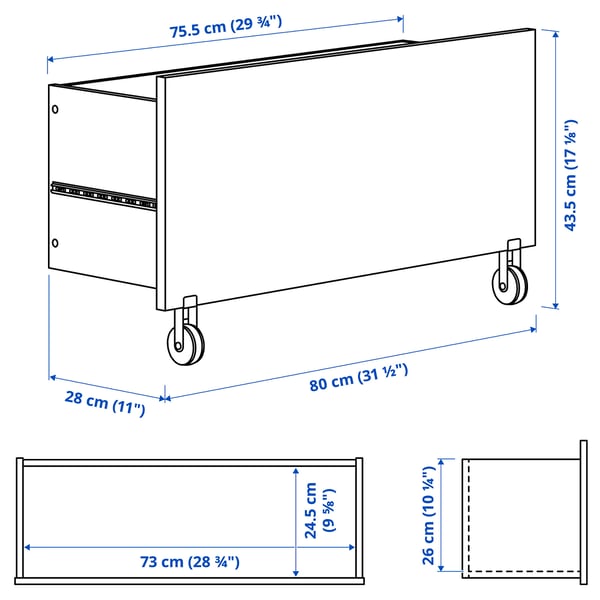 BILLY drawer, white/with castors, 80x28x43 cm