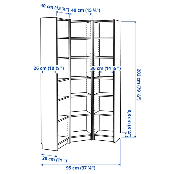 BILLY bookcase combination/crnr solution, white, 95/95x28x202 cm