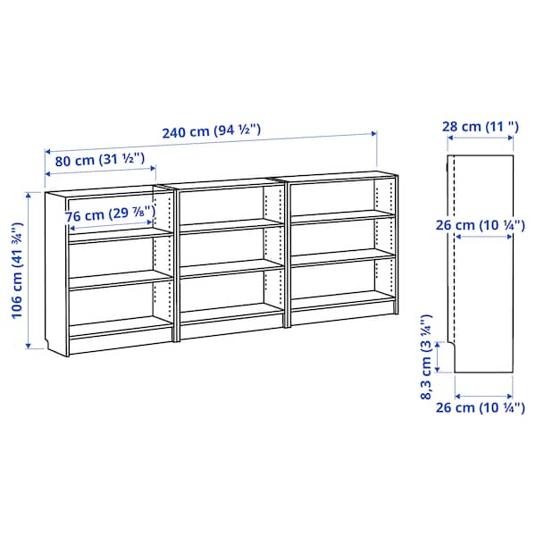 Ikea BILLY - Bookcase combination, dark brown oak effect,240x28x106 cm