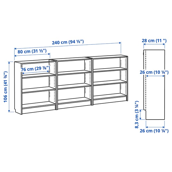 BILLY bookcase combination, dark brown oak effect, 240x28x106 cm