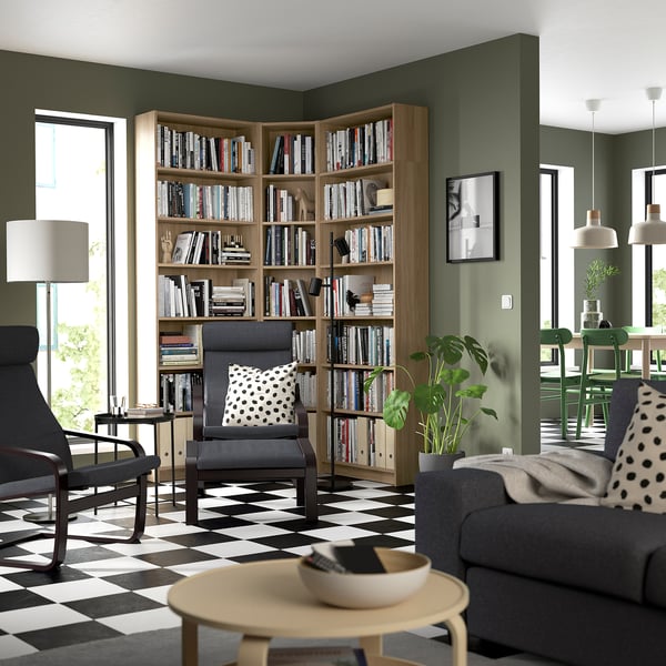 BILLY bookcase corner comb w ext units, oak effect, 136/136x28x237 cm