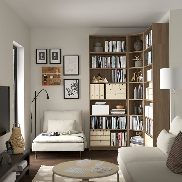 BILLY bookcase corner comb w ext units, oak effect, 136/136x28x237 cm