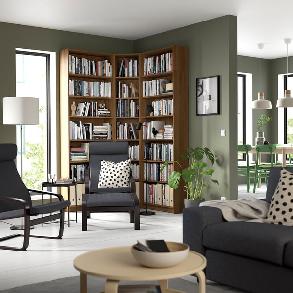 BILLY bookcase corner comb w ext units, brown walnut effect, 136/136x28x237 cm
