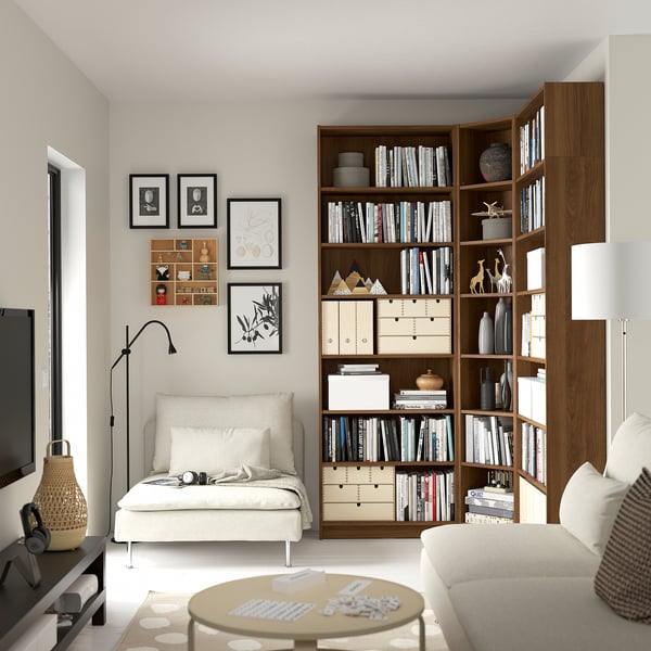BILLY bookcase corner comb w ext units, brown walnut effect, 136/136x28x237 cm