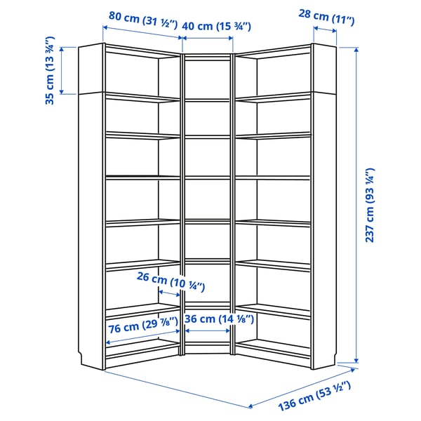 BILLY bookcase corner comb w ext units, brown walnut effect, 136/136x28x237 cm