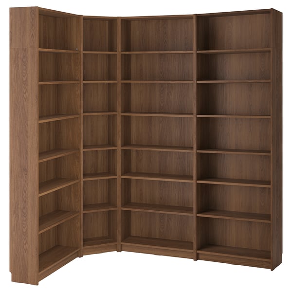 BILLY bookcase corner comb w ext units, brown walnut effect, 215/135x28x237 cm