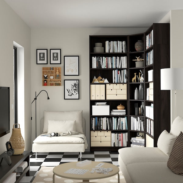 BILLY - Bookcase combination ang/elem supp, dark brown oak effect,136/136x28x237 cm