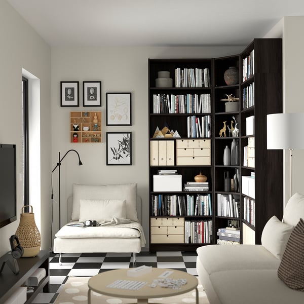 BILLY bookcase corner comb w ext units, dark brown oak effect, 136/136x28x237 cm