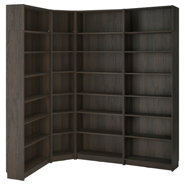 BILLY bookcase corner comb w ext units, dark brown oak effect, 215/135x28x237 cm