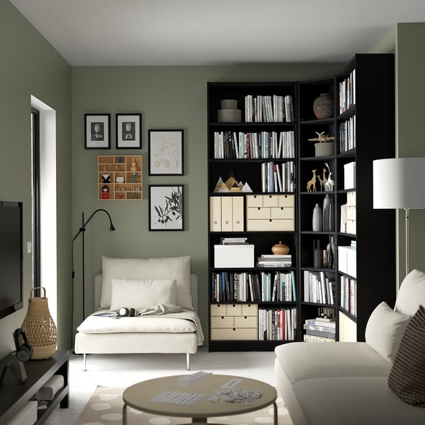 BILLY bookcase corner comb w ext units, black oak effect, 136/136x28x237 cm