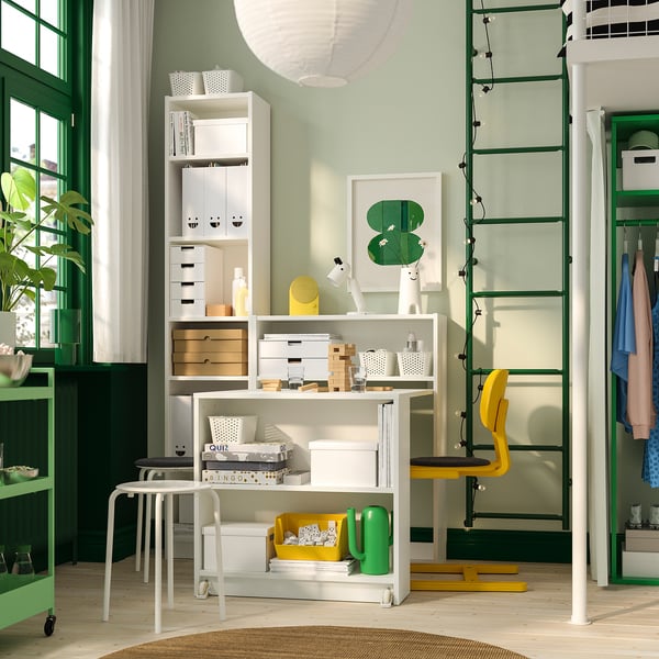 BILLY bookcase comb w foldable table, white, 120x202 cm