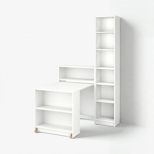 BILLY bookcase comb w foldable table, white, 120x202 cm