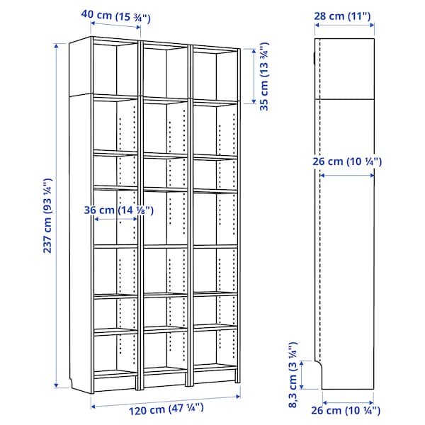 BILLY - Bookcase/elem supplement combination, birch effect,120x28x237 cm