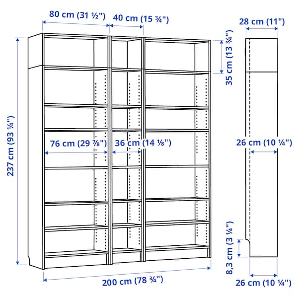 BILLY - Bookcase/elem supplement combination, dark brown oak effect,200x28x237 cm