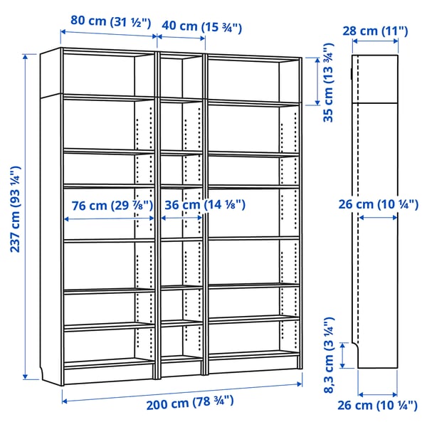 BILLY bookcase comb with extension units, black oak effect, 200x28x237 cm