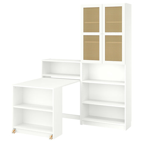 BILLY / HÖGADAL bookcase comb w foldable table, white/woven bamboo, 160x202 cm