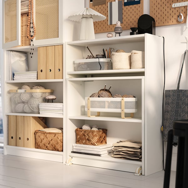 BILLY / HÖGADAL bookcase comb w foldable table, white/woven bamboo, 160x202 cm