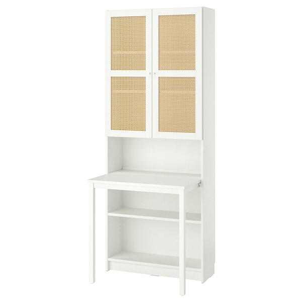 BILLY / HÖGADAL - Bookcase with desk, white/woven bamboo, 80x202 cm