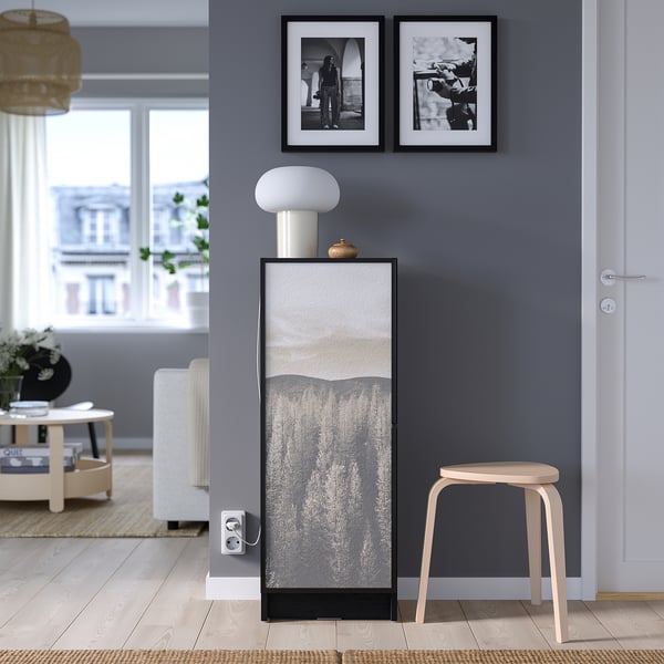BILLY / HÖGBO - Bookcase / glass door combination, oak-effect black,40x30x106 cm