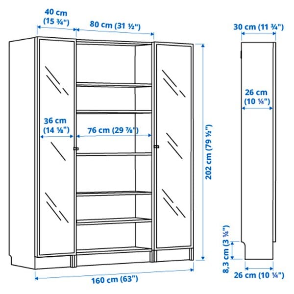 Ikea BILLY / HÖGBO - Bookcase / glass door combination, black oak effect,160x202 cm