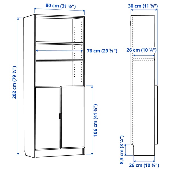 BILLY / HÖGBO bookcase with glass doors, black oak effect, 80x30x202 cm