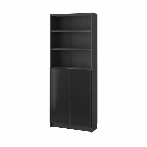 BILLY / HÖGBO bookcase with glass doors, black oak effect, 80x30x202 cm