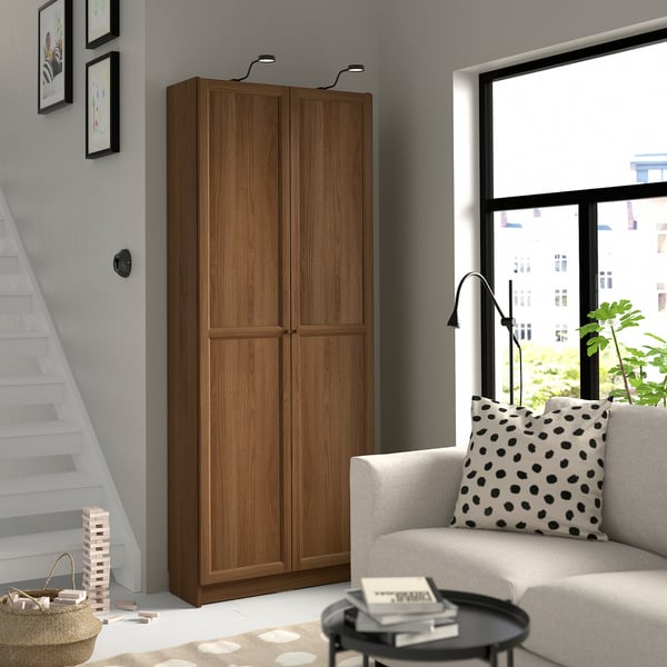 BILLY / OXBERG bookcase with doors, brown walnut effect, 80x30x202 cm