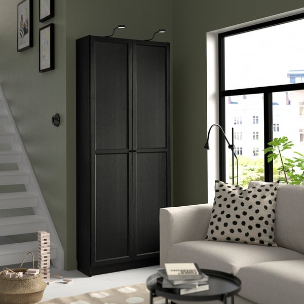 BILLY / OXBERG bookcase with doors, black oak effect, 80x30x202 cm