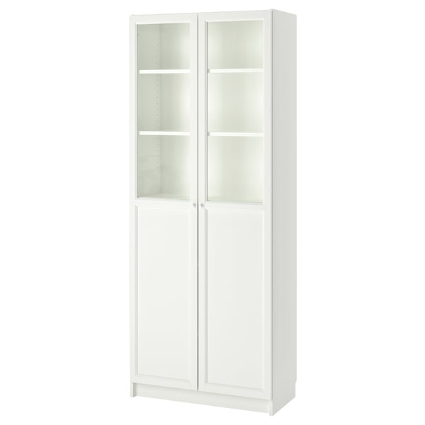 BILLY / OXBERG bookcase with panel/glass doors, white, 80x41x202 cm