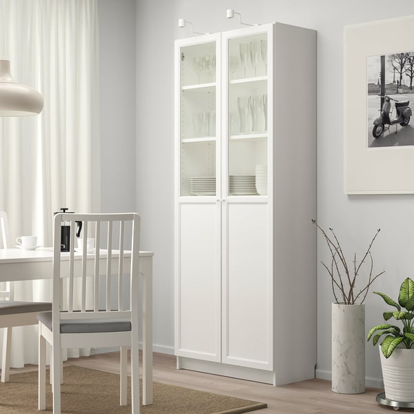 BILLY / OXBERG bookcase with panel/glass doors, white, 80x41x202 cm