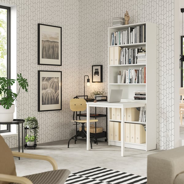 BILLY Bookcase with desk, white, 80x202 cm