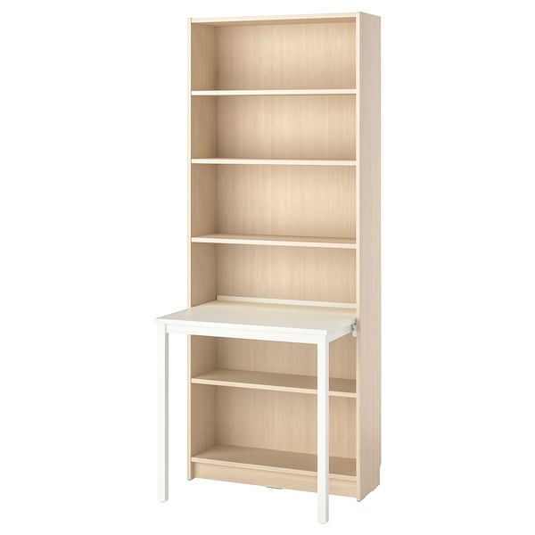 BILLY - Bookcase with desk, birch/white effect,80x202 cm