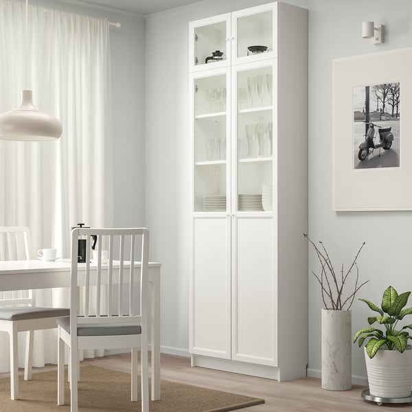 BILLY / OXBERG bookcase w hght ext ut/pnl/glss drs, white, 80x30x237 cm