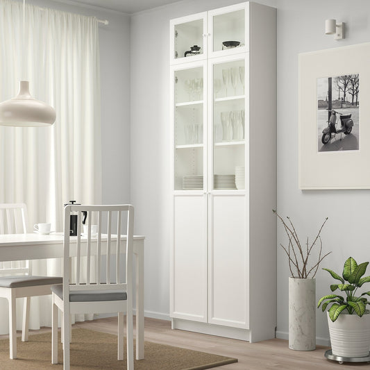 BILLY bookcase w hght ext ut/pnl/glss drs, white, 80x30x237 cm