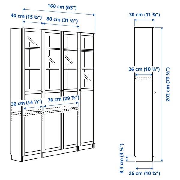 BILLY / OXBERG bookcase comb w panel/glass doors, white, 160x202 cm
