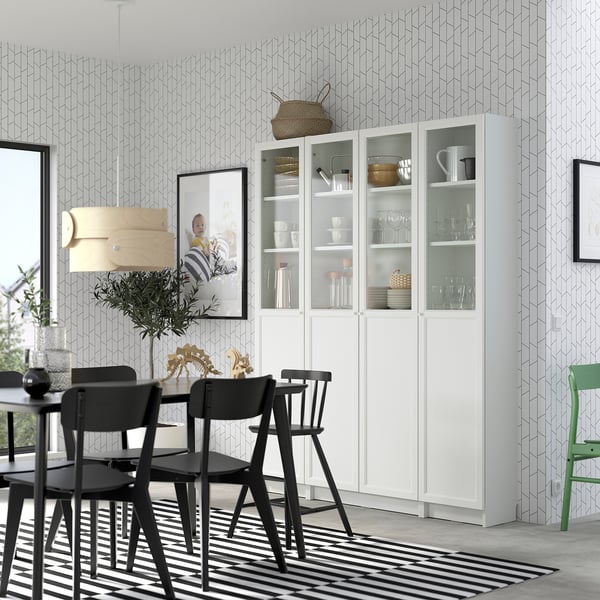 BILLY / OXBERG bookcase comb w panel/glass doors, white, 160x202 cm