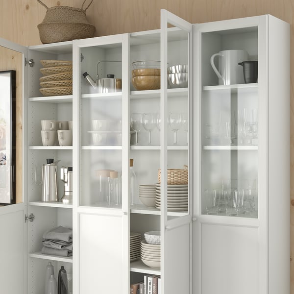 BILLY / OXBERG bookcase comb w panel/glass doors, white, 160x202 cm