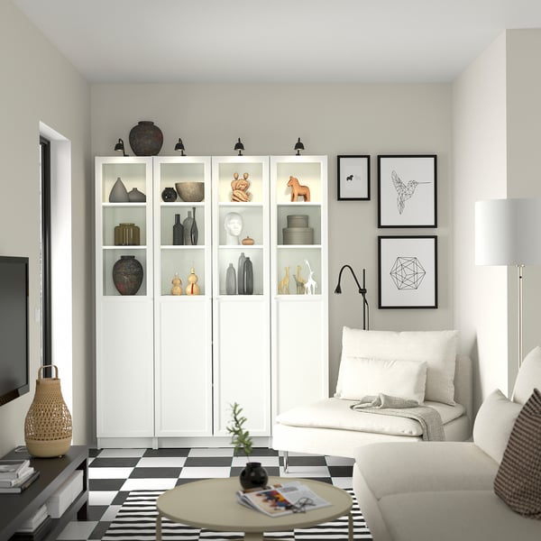 BILLY / OXBERG bookcase comb w panel/glass doors, white, 160x202 cm