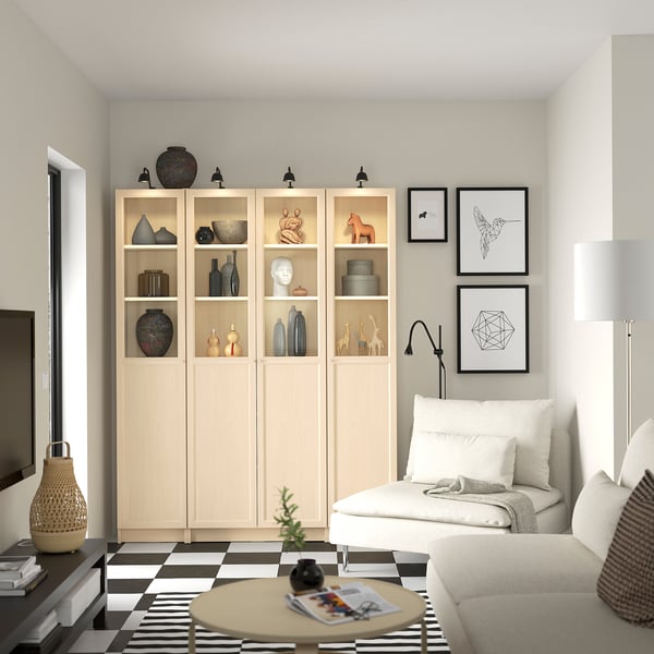 BILLY / OXBERG - Bookcase combination with glass doors/pannel, birch effect,160x202 cm