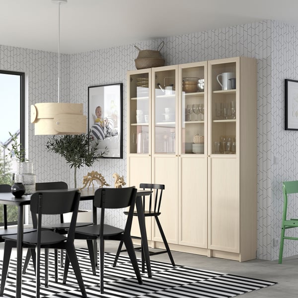BILLY / OXBERG - Bookcase combination with glass doors/pannel, birch effect,160x202 cm
