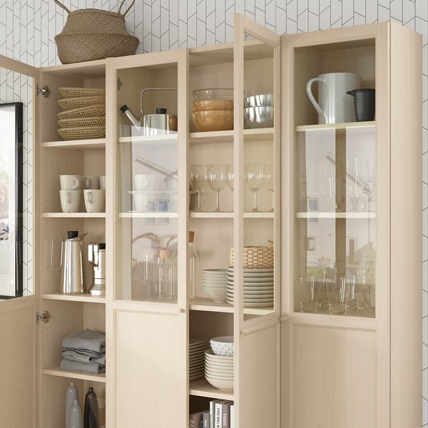 BILLY / OXBERG - Bookcase combination with glass doors/pannel, birch effect,160x202 cm