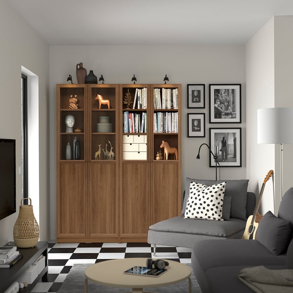 BILLY / OXBERG bookcase comb w panel/glass doors, brown walnut effect, 160x30x202 cm