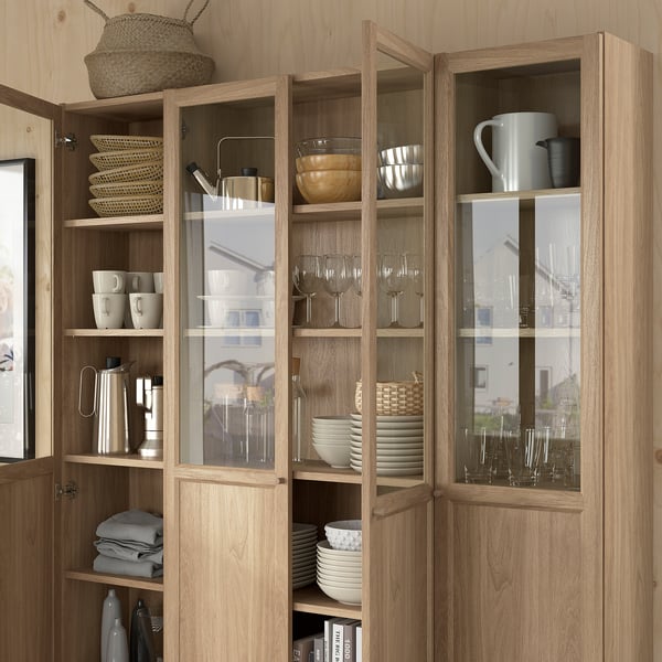BILLY / OXBERG bookcase comb w panel/glass doors, oak effect, 160x202 cm