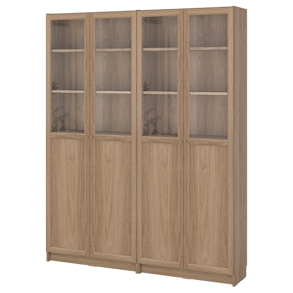 BILLY / OXBERG bookcase comb w panel/glass doors, oak effect, 160x30x202 cm