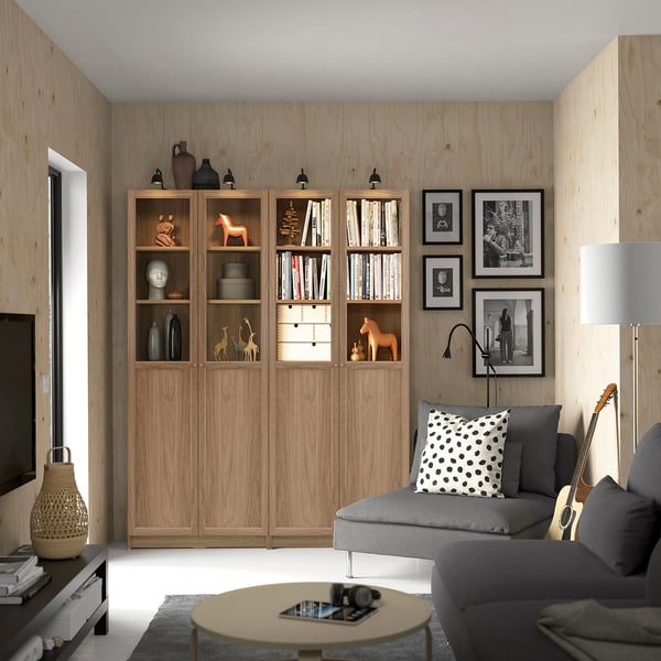 BILLY / OXBERG bookcase comb w panel/glass doors, oak effect, 160x30x202 cm