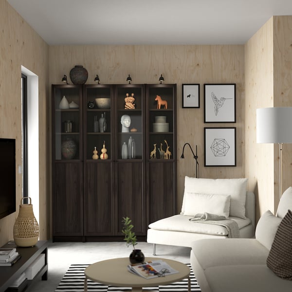 BILLY / OXBERG bookcase comb w panel/glass doors, dark brown oak effect, 160x202 cm